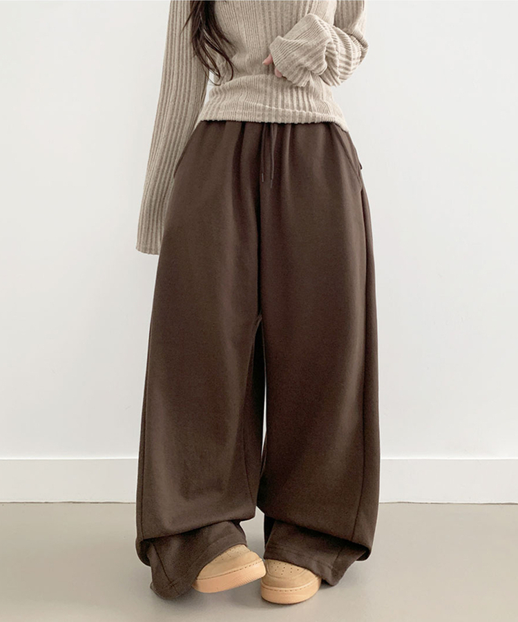 후린 백포켓 사이드 핀턱 허리밴딩 와이드 팬츠 브라운