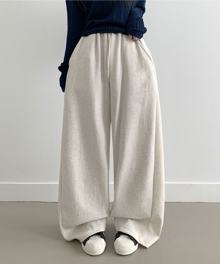 후린 백포켓 사이드 핀턱 허리밴딩 와이드 팬츠 오트밀