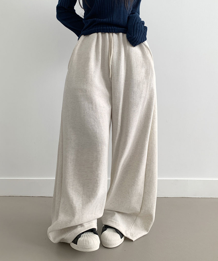 후린 백포켓 사이드 핀턱 허리밴딩 와이드 팬츠 오트밀