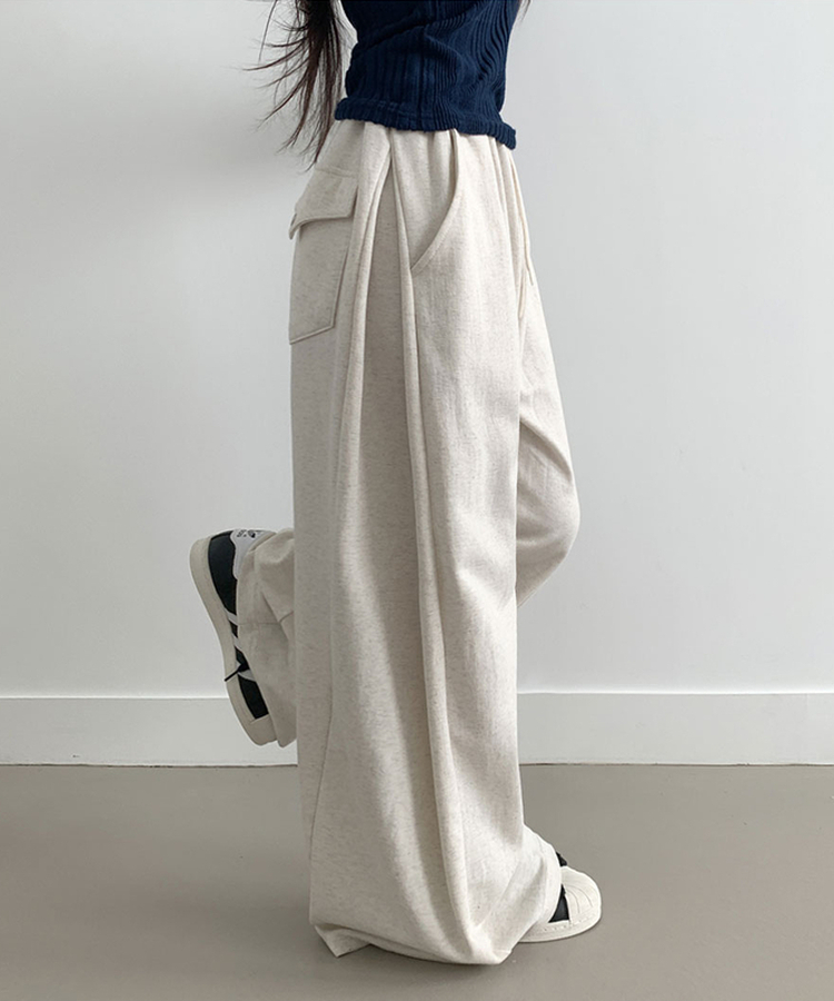 후린 백포켓 사이드 핀턱 허리밴딩 와이드 팬츠 오트밀