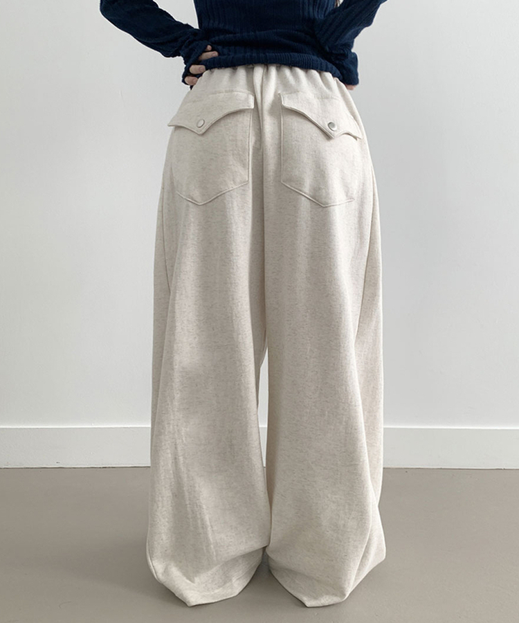 후린 백포켓 사이드 핀턱 허리밴딩 와이드 팬츠 오트밀