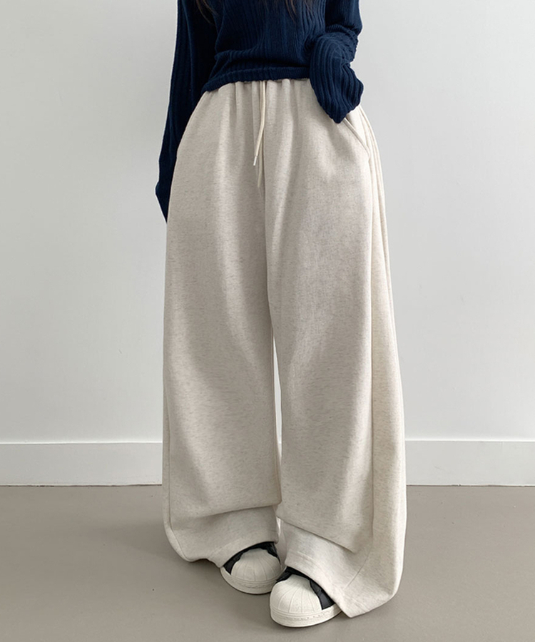 후린 백포켓 사이드 핀턱 허리밴딩 와이드 팬츠 오트밀