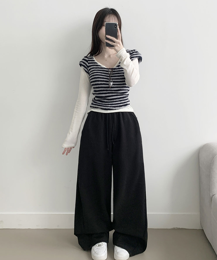 후린 백포켓 사이드 핀턱 허리밴딩 와이드 팬츠 블랙