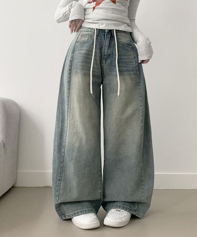 제코 워싱 허리조절 스트링 스냅단추 벌룬 와이드 데님팬츠