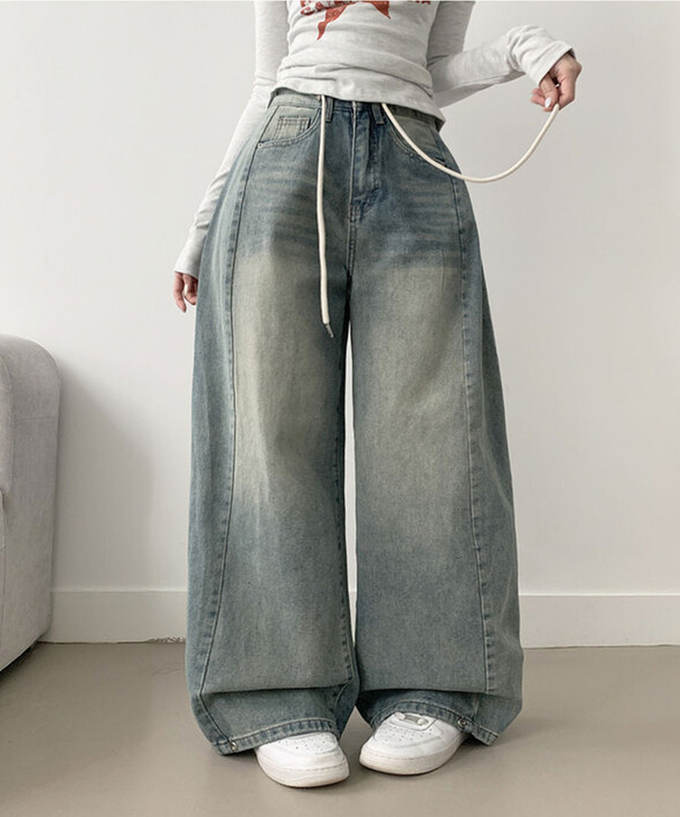 제코 워싱 허리조절 스트링 스냅단추 벌룬 와이드 데님팬츠