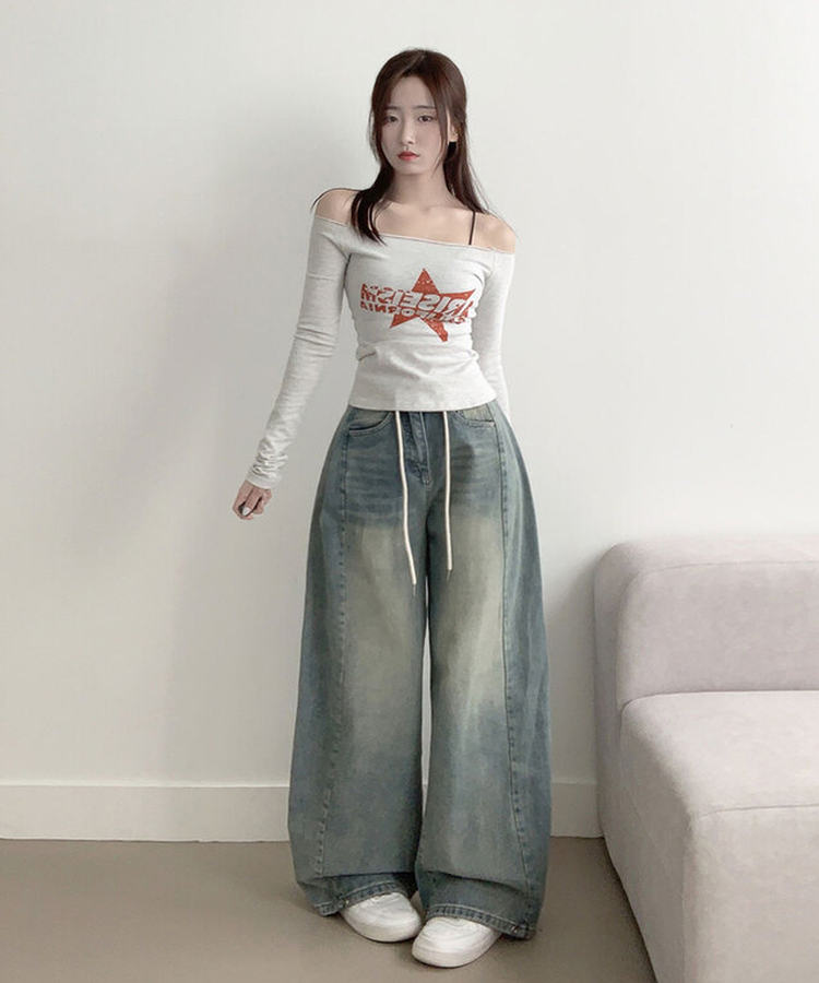 제코 워싱 허리조절 스트링 스냅단추 벌룬 와이드 데님팬츠