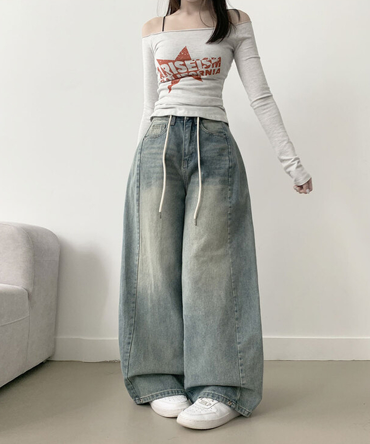 제코 워싱 허리조절 스트링 스냅단추 벌룬 와이드 데님팬츠