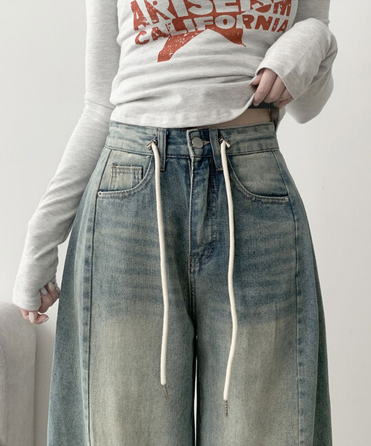 제코 워싱 허리조절 스트링 스냅단추 벌룬 와이드 데님팬츠
