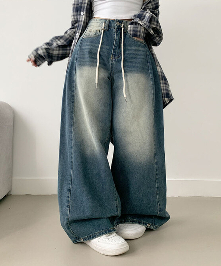 제코 워싱 허리조절 스트링 스냅단추 벌룬 와이드 데님팬츠