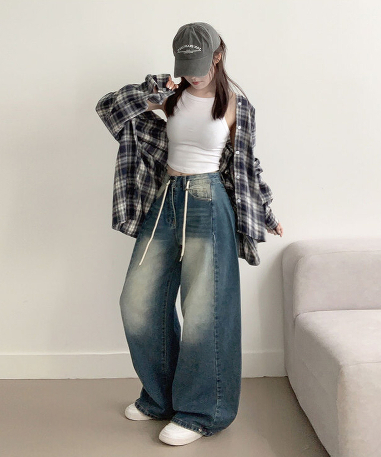 제코 워싱 허리조절 스트링 스냅단추 벌룬 와이드 데님팬츠