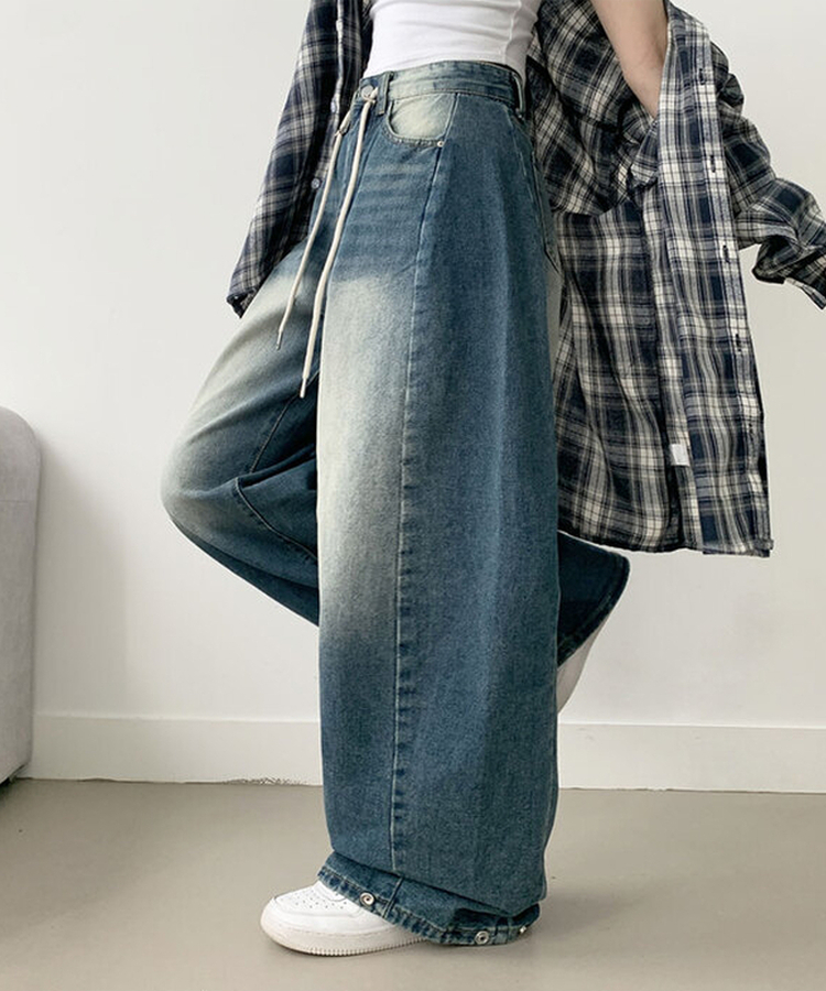 제코 워싱 허리조절 스트링 스냅단추 벌룬 와이드 데님팬츠