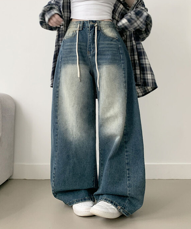 제코 워싱 허리조절 스트링 스냅단추 벌룬 와이드 데님팬츠