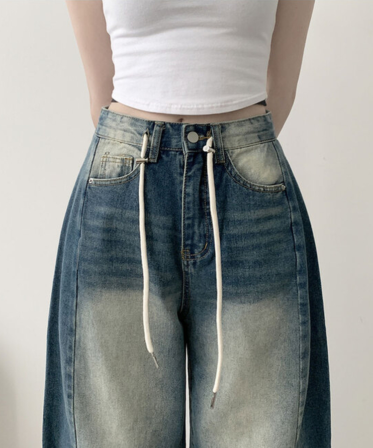 제코 워싱 허리조절 스트링 스냅단추 벌룬 와이드 데님팬츠