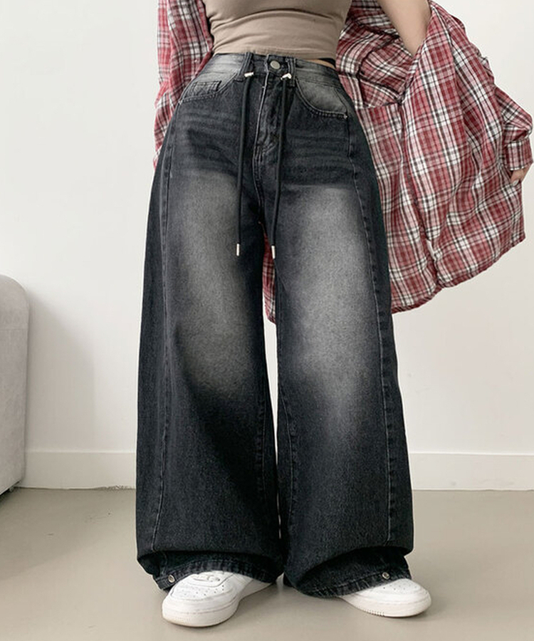 제코 워싱 허리조절 스트링 스냅단추 벌룬 와이드 데님팬츠