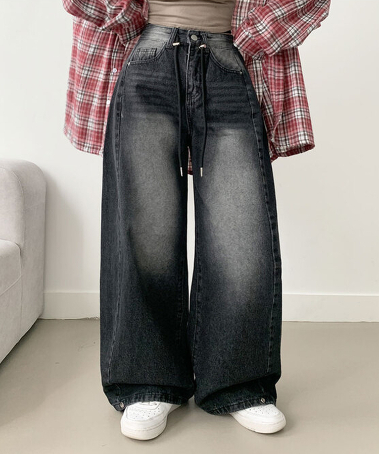 제코 워싱 허리조절 스트링 스냅단추 벌룬 와이드 데님팬츠