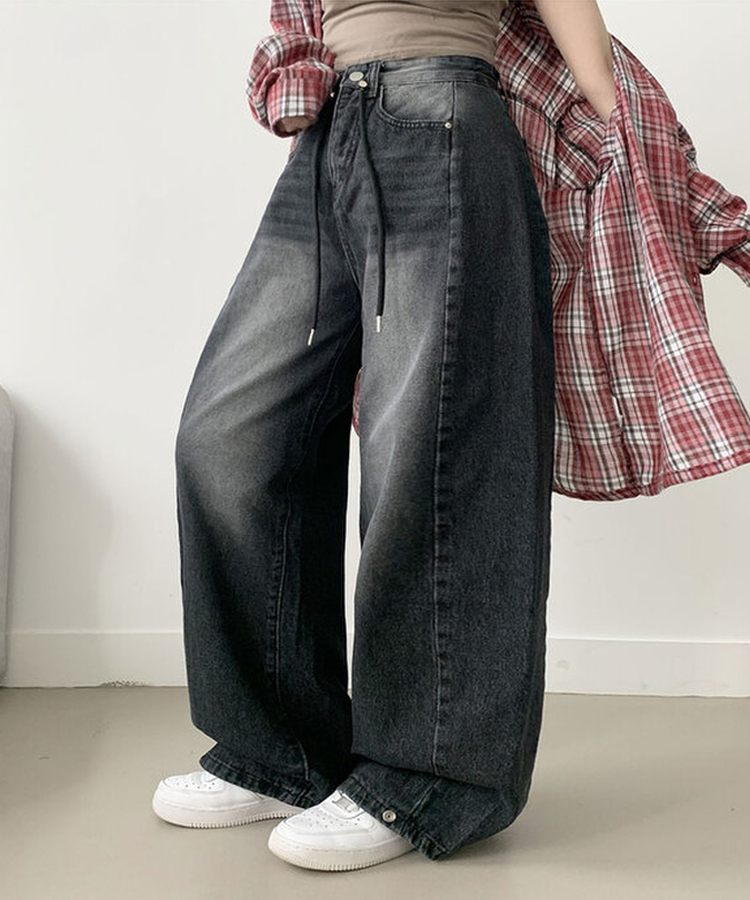제코 워싱 허리조절 스트링 스냅단추 벌룬 와이드 데님팬츠
