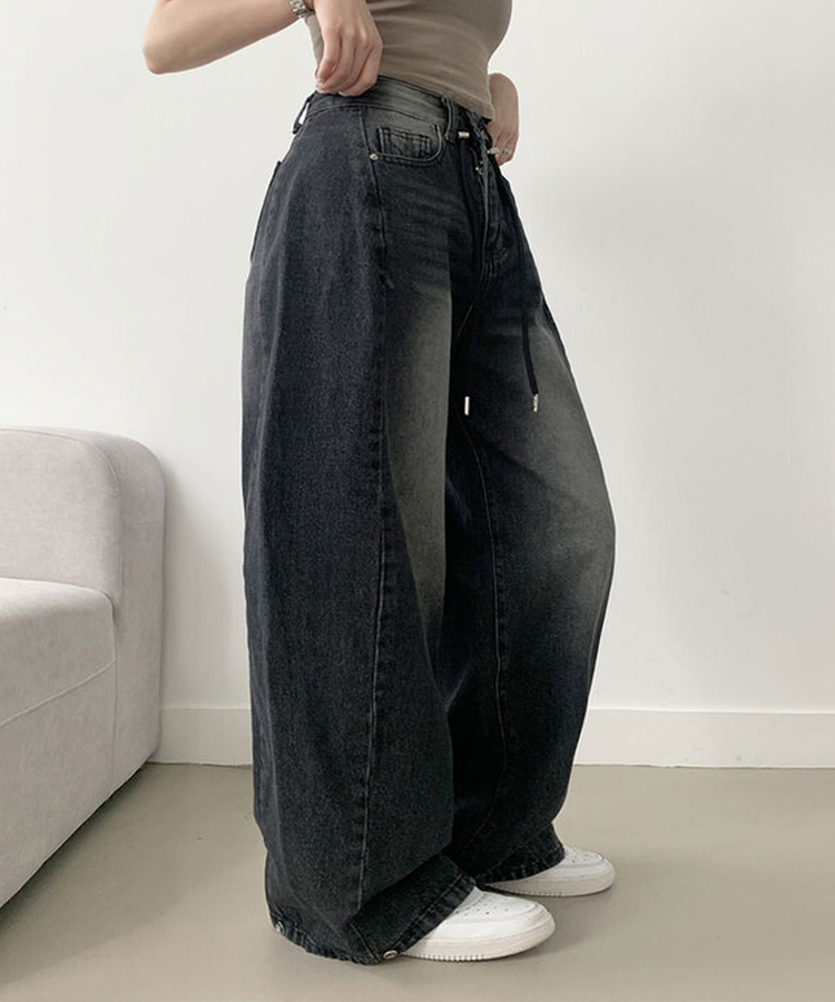 제코 워싱 허리조절 스트링 스냅단추 벌룬 와이드 데님팬츠