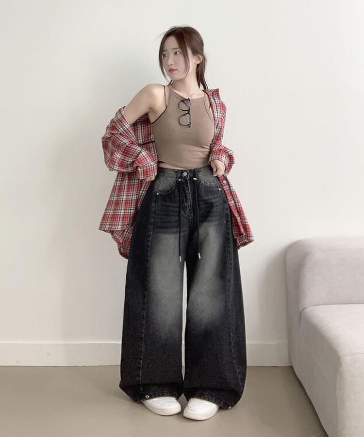 제코 워싱 허리조절 스트링 스냅단추 벌룬 와이드 데님팬츠