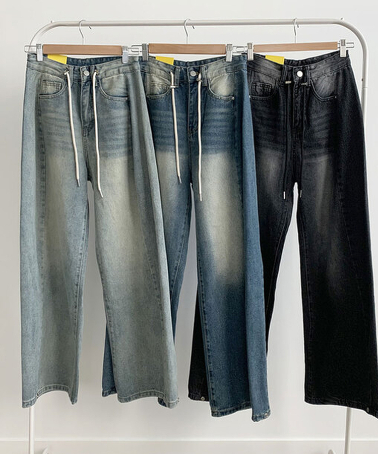 제코 워싱 허리조절 스트링 스냅단추 벌룬 와이드 데님팬츠