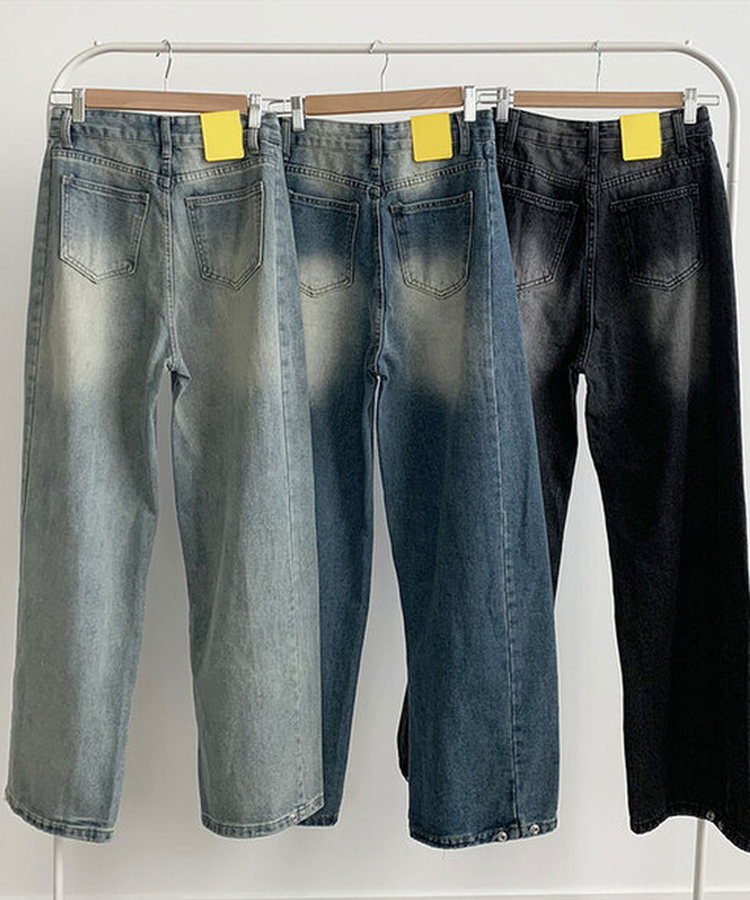 제코 워싱 허리조절 스트링 스냅단추 벌룬 와이드 데님팬츠