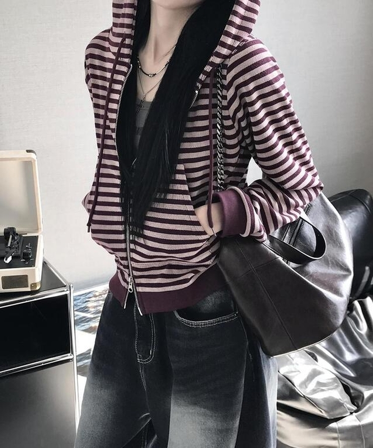 ボーダークロップフードジップアップ BURGUNDY
