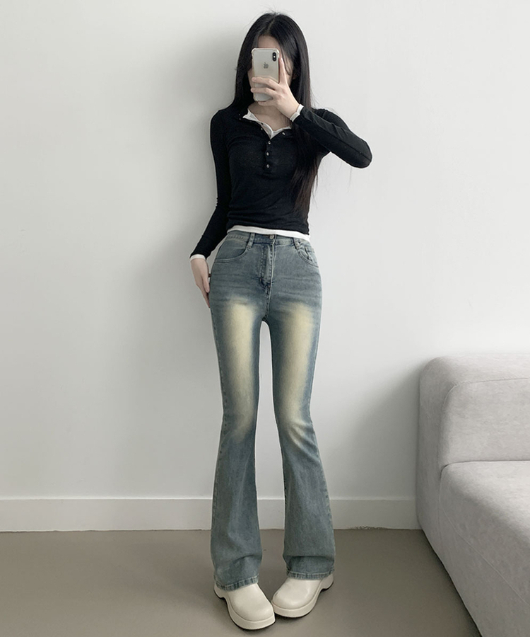 ABLY단독 델런 워싱 히든밴딩 3단기장 하이웨스트 부츠컷 데님 팬츠 빈티지