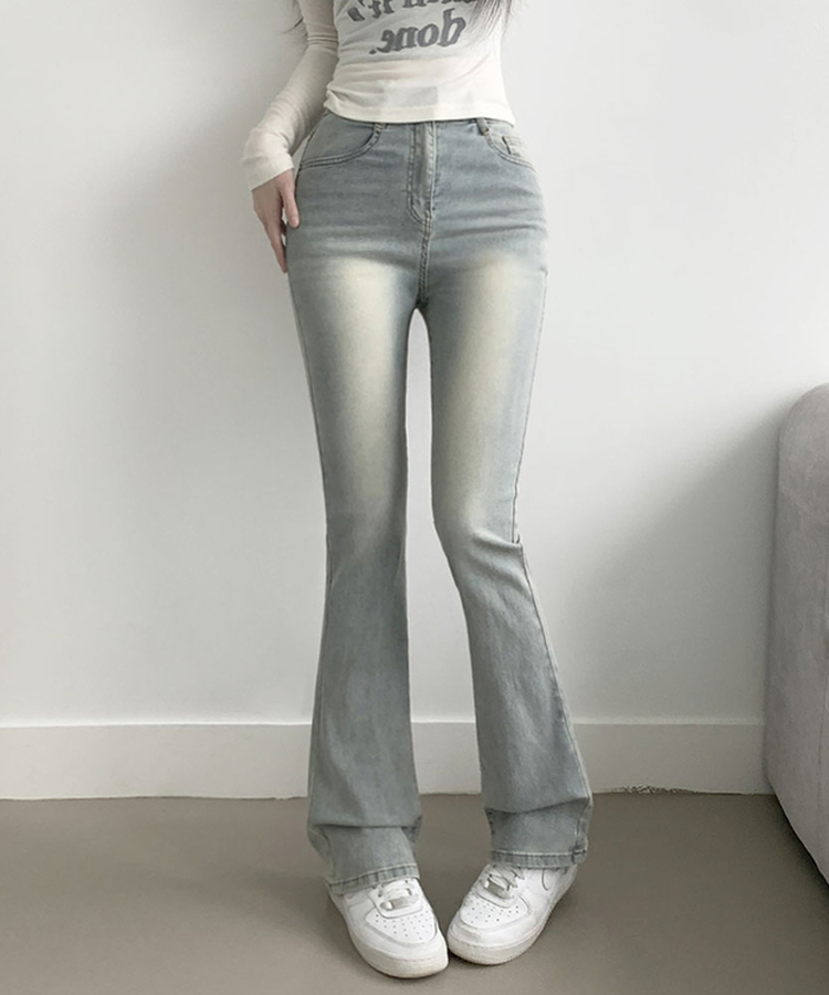 ABLY단독 델런 워싱 히든밴딩 3단기장 하이웨스트 부츠컷 데님 팬츠 아이스