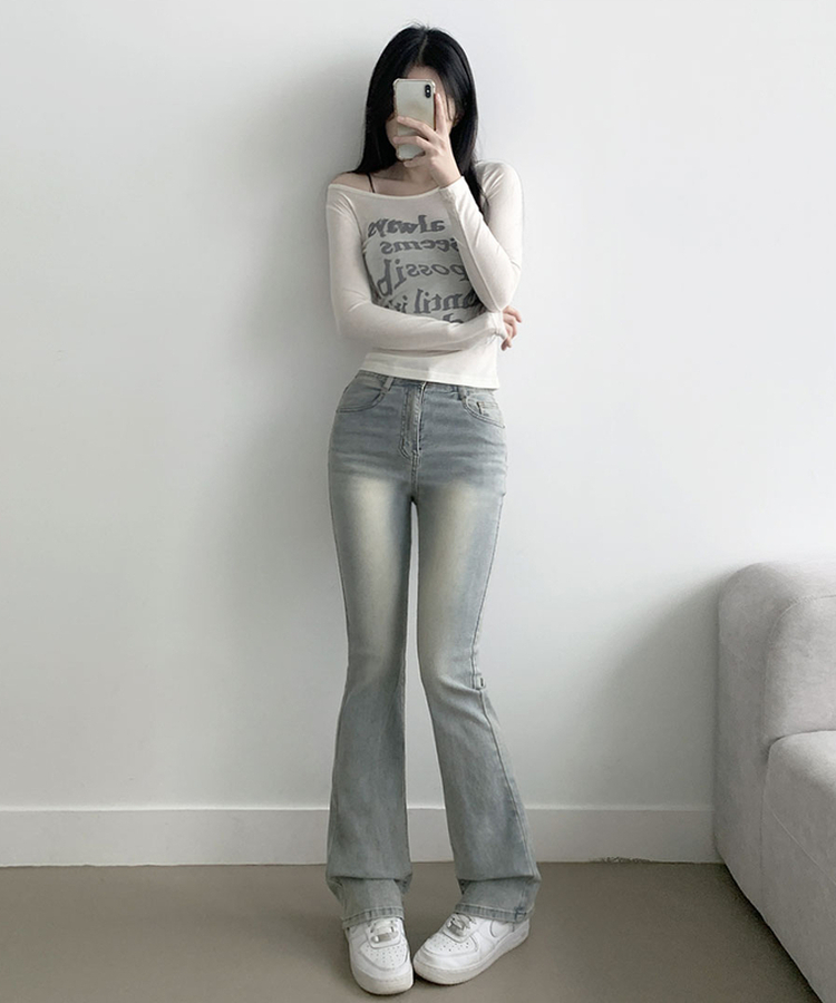 ABLY단독 델런 워싱 히든밴딩 3단기장 하이웨스트 부츠컷 데님 팬츠 아이스