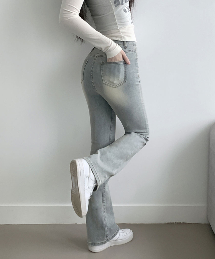 ABLY단독 델런 워싱 히든밴딩 3단기장 하이웨스트 부츠컷 데님 팬츠 아이스