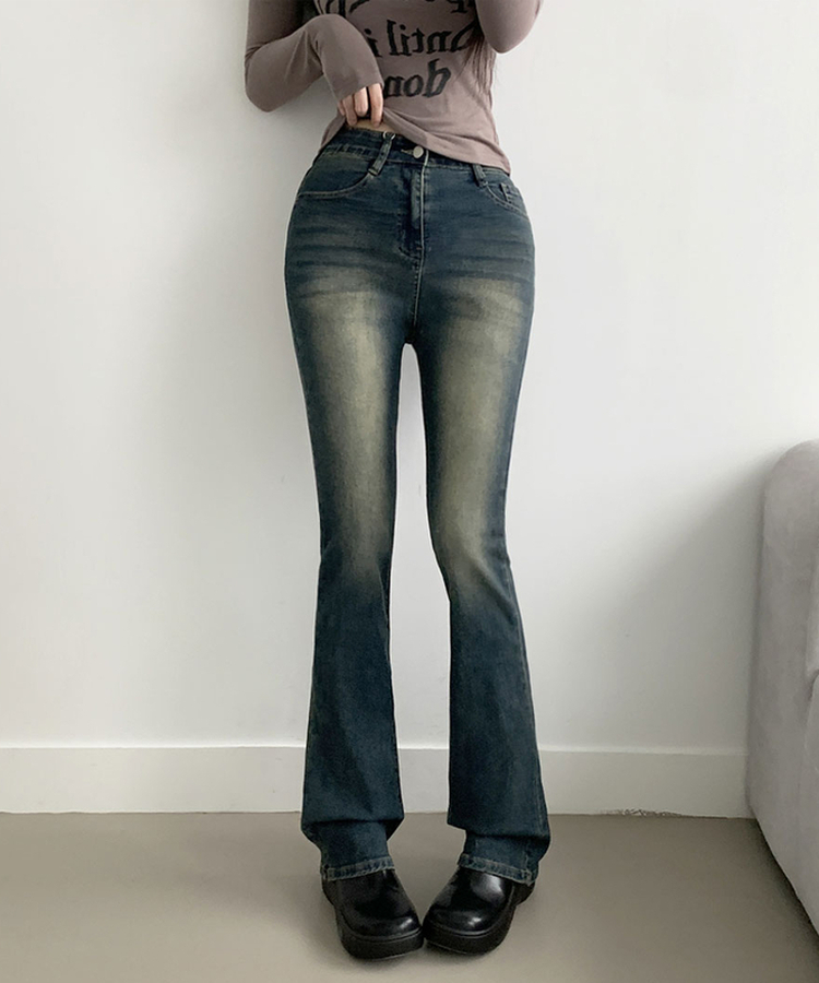 ABLY단독 델런 워싱 히든밴딩 3단기장 하이웨스트 부츠컷 데님 팬츠 진청