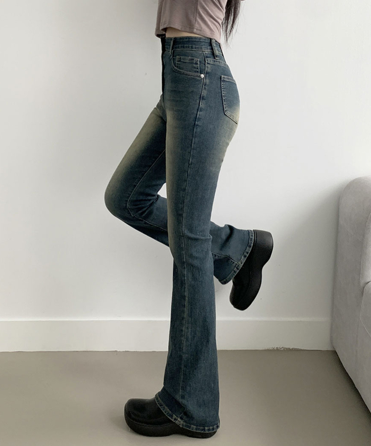 ABLY단독 델런 워싱 히든밴딩 3단기장 하이웨스트 부츠컷 데님 팬츠 진청