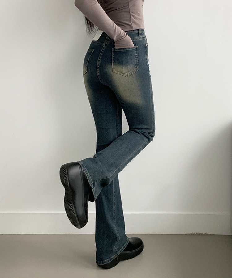 ABLY단독 델런 워싱 히든밴딩 3단기장 하이웨스트 부츠컷 데님 팬츠 진청