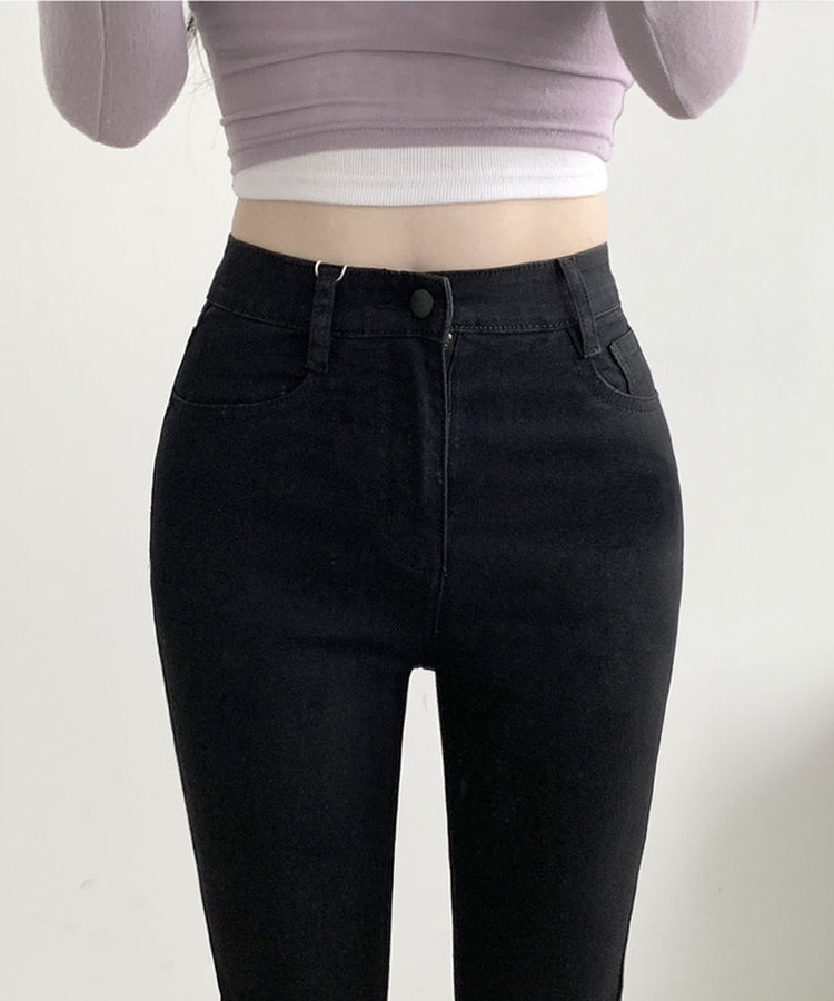 ABLY단독 델런 워싱 히든밴딩 3단기장 하이웨스트 부츠컷 데님 팬츠 블랙