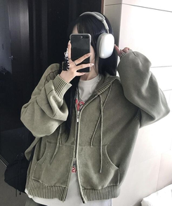 ジャンパー ニットパーカージップアップ KHAKI