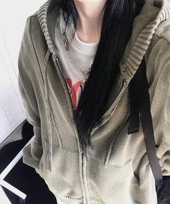 ジャンパー ニットパーカージップアップ KHAKI