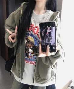 ジャンパー ニットパーカージップアップ KHAKI