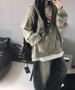 ジャンパー ニットパーカージップアップ KHAKI