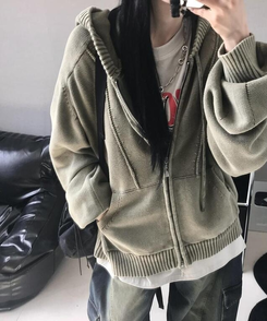 ジャンパー ニットパーカージップアップ KHAKI