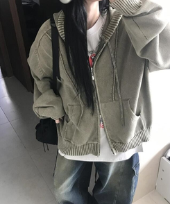 ジャンパー ニットパーカージップアップ KHAKI