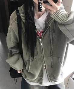 ジャンパー ニットパーカージップアップ KHAKI