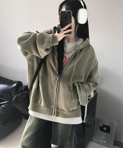 ジャンパー ニットパーカージップアップ KHAKI