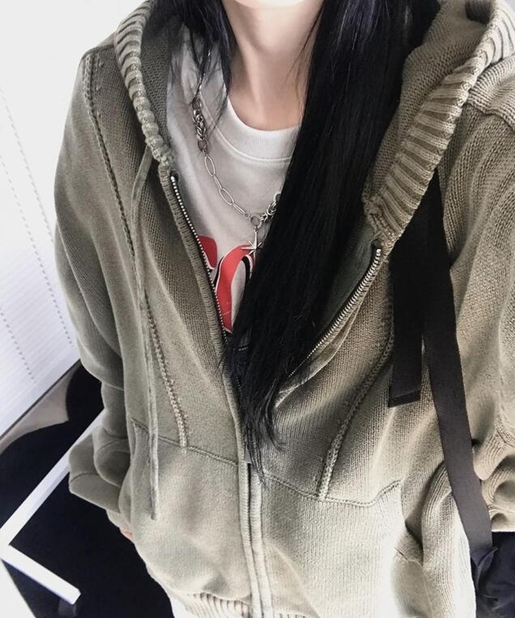 ニットパーカージップアップ KHAKI