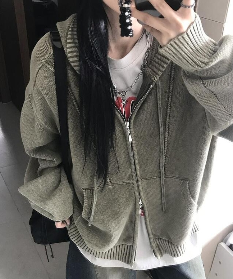 ニットパーカージップアップ KHAKI