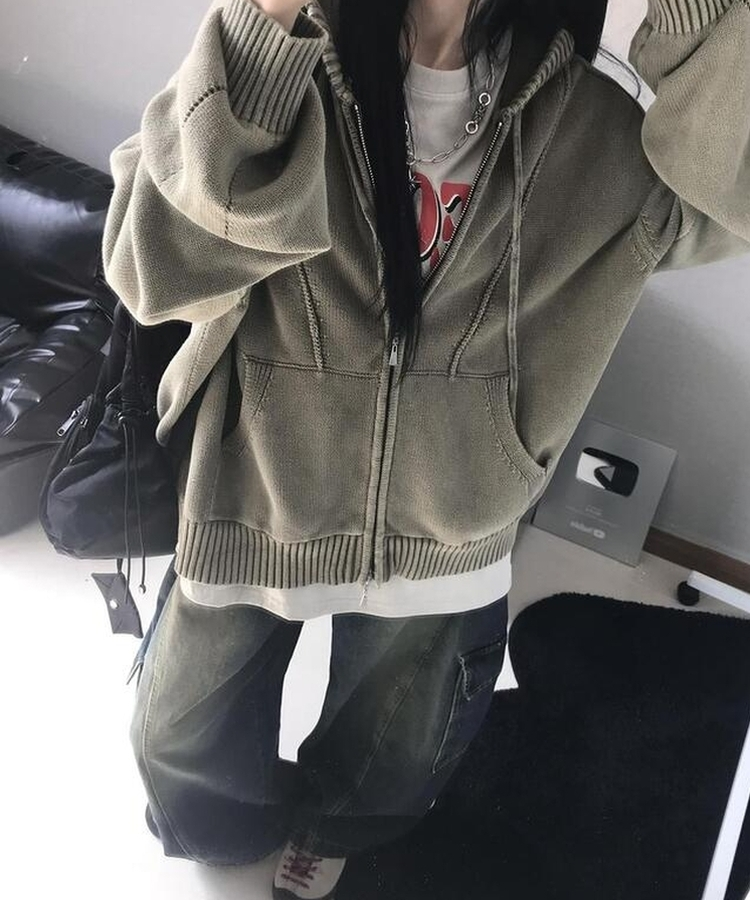 ニットパーカージップアップ KHAKI