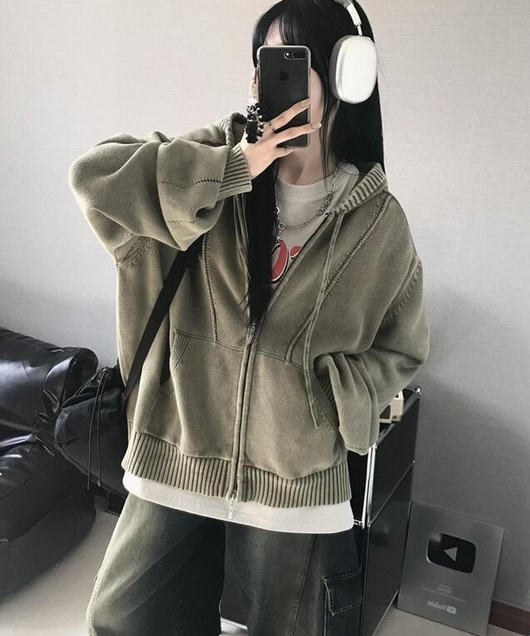 ニットパーカージップアップ KHAKI