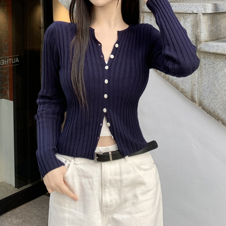 지널 골지 세로 기본 베이직 니트 가디건 네이비