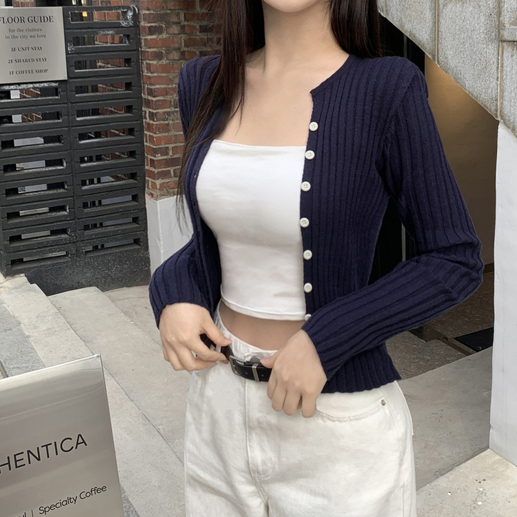 지널 골지 세로 기본 베이직 니트 가디건 네이비