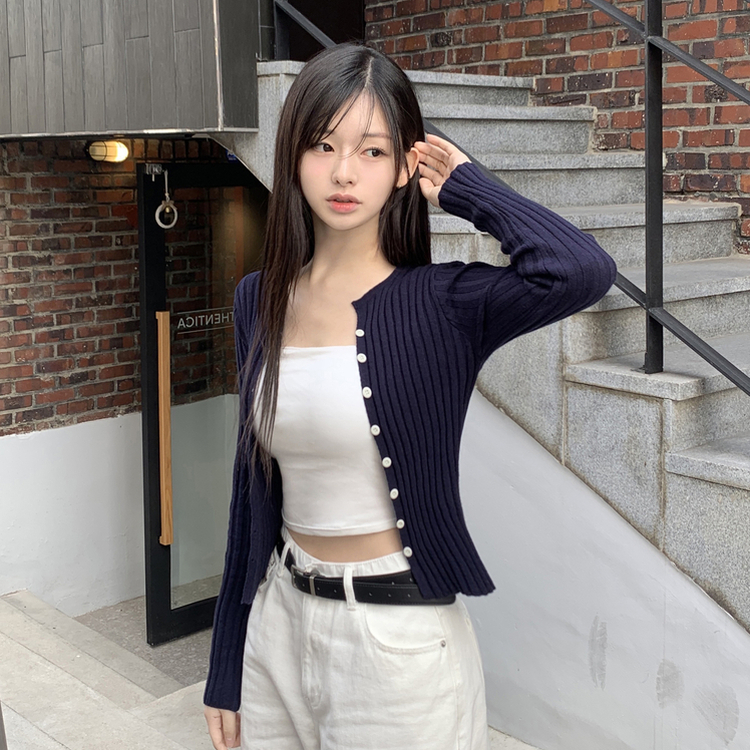 지널 골지 세로 기본 베이직 니트 가디건 네이비