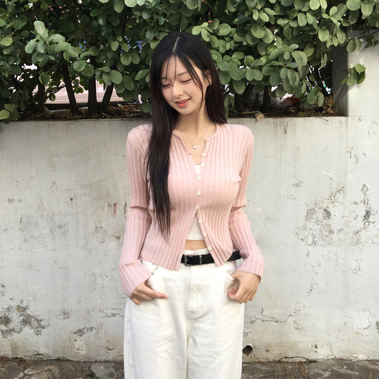 지널 골지 세로 기본 베이직 니트 가디건 핑크