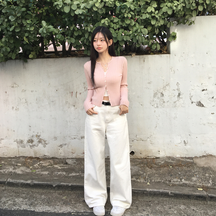 지널 골지 세로 기본 베이직 니트 가디건 핑크